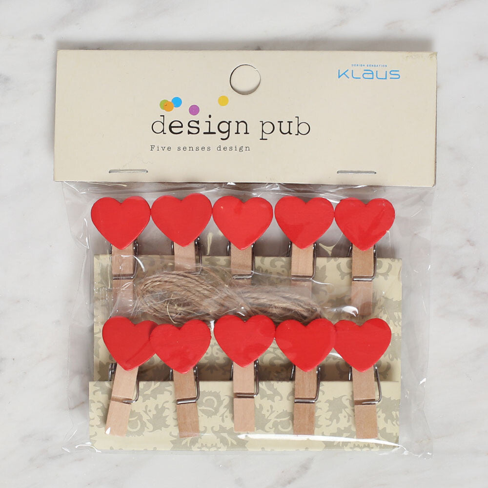 Loren 10 pcs Heart Shaped Wooden Pegs, Red