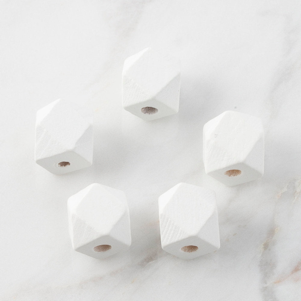 Loren 5 Pcs Polygon Shaped Wooden Bead, White