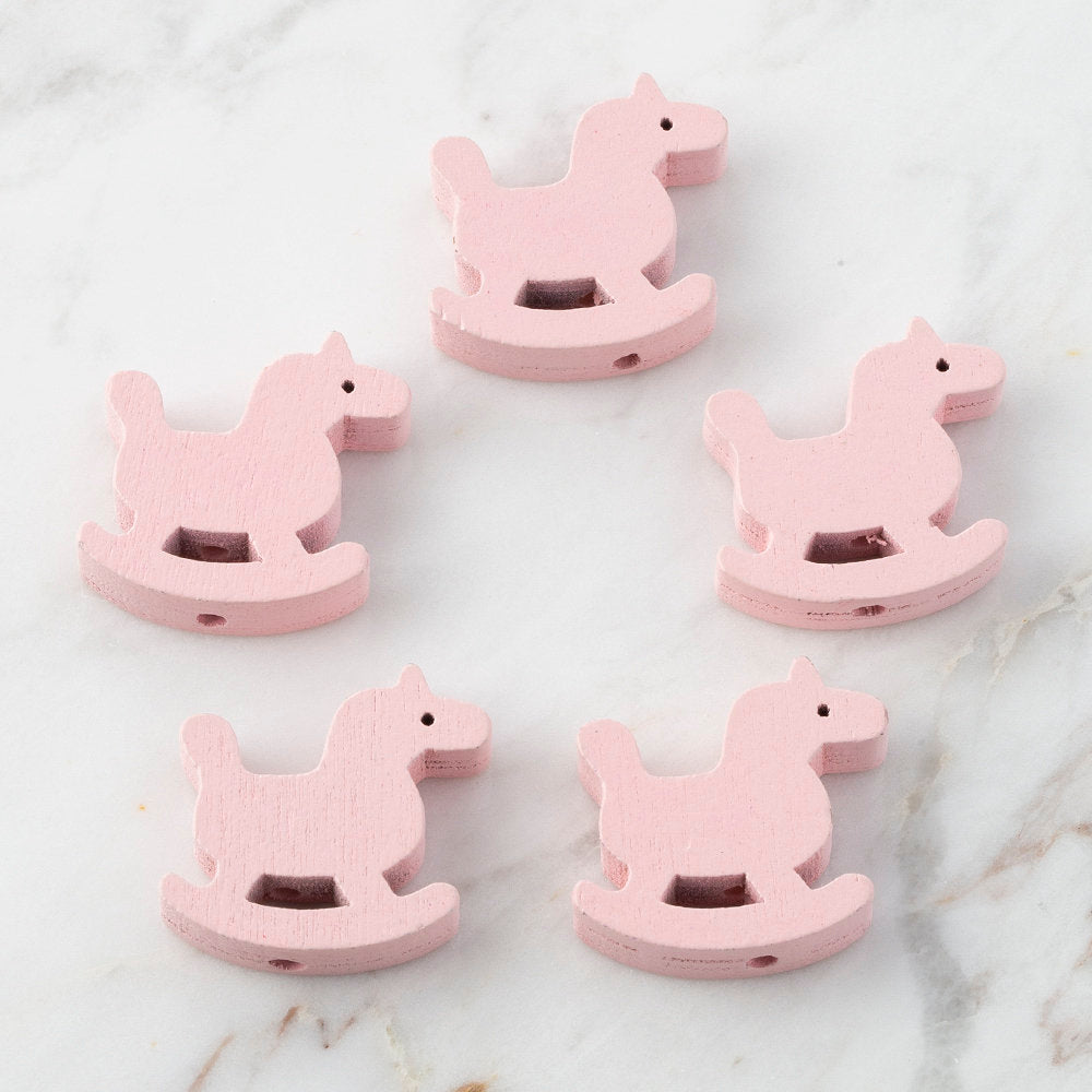 Loren 5 Pcs Rocking Horse Shaped Wooden Bead, Pink