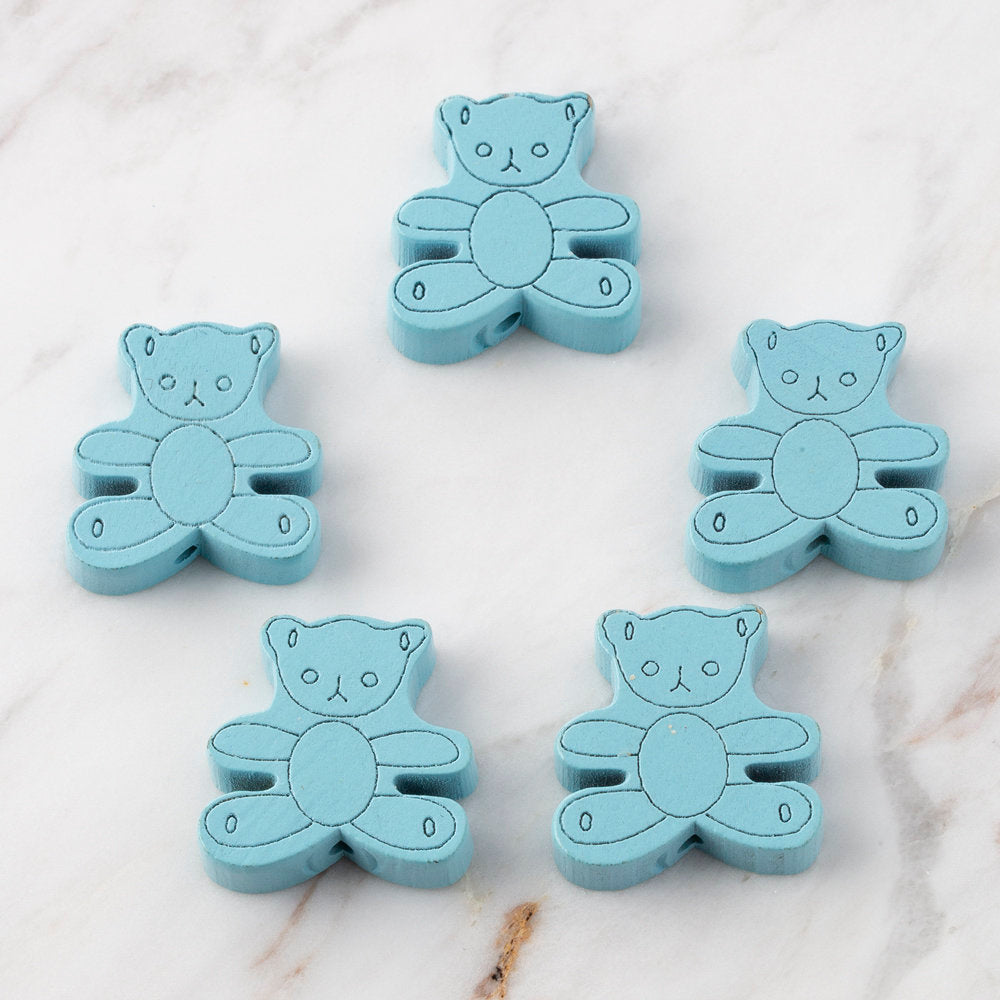 Loren 5 Pcs Teddy Bear Shaped Wooden Bead, Blue