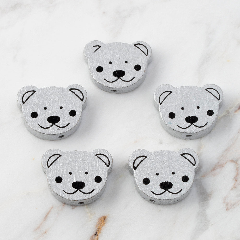 Loren 5 Pcs Bear Head Shaped Wooden Bead, Grey