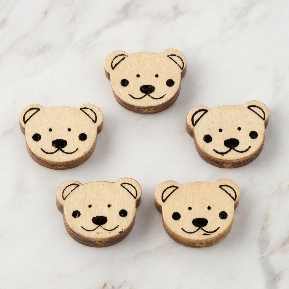 Loren 5 Pcs Bear Head Shaped Wooden Bead, Natural