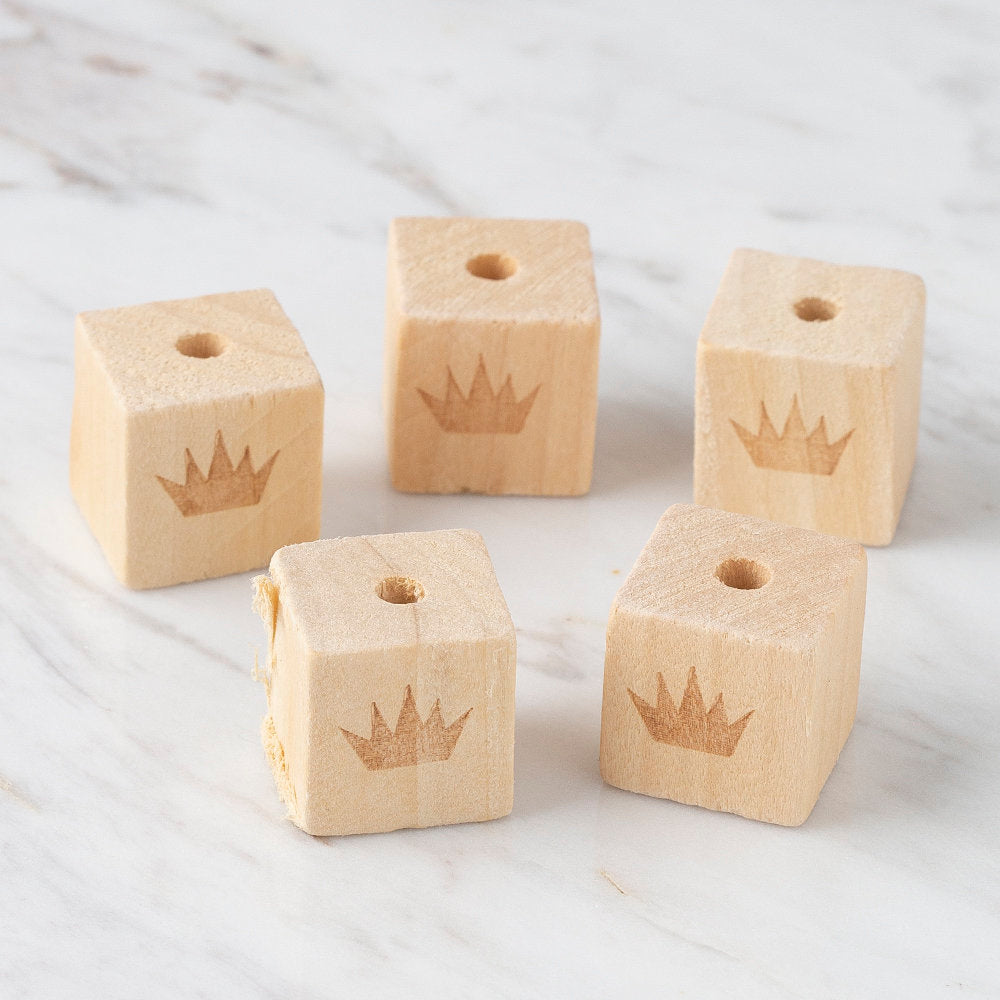 Loren 5 Pcs Natural Wooden Cube Bead, Crown