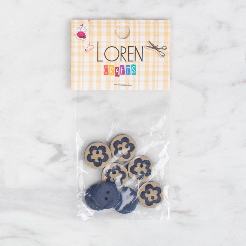 Loren Crafts 8 Pack Flower Patterned Button, Navy Blue - 314