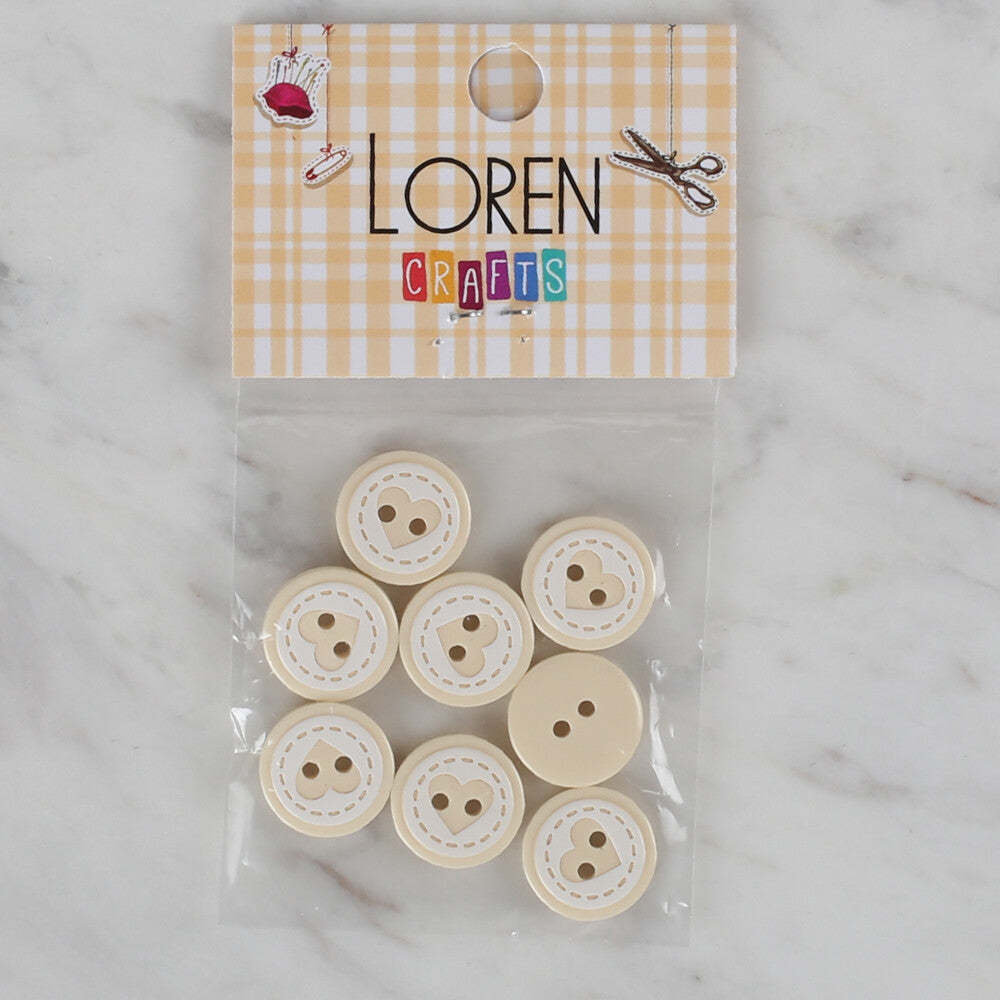 Loren Crafts 8 Pack Heart Patterned Button, Ecru - 470