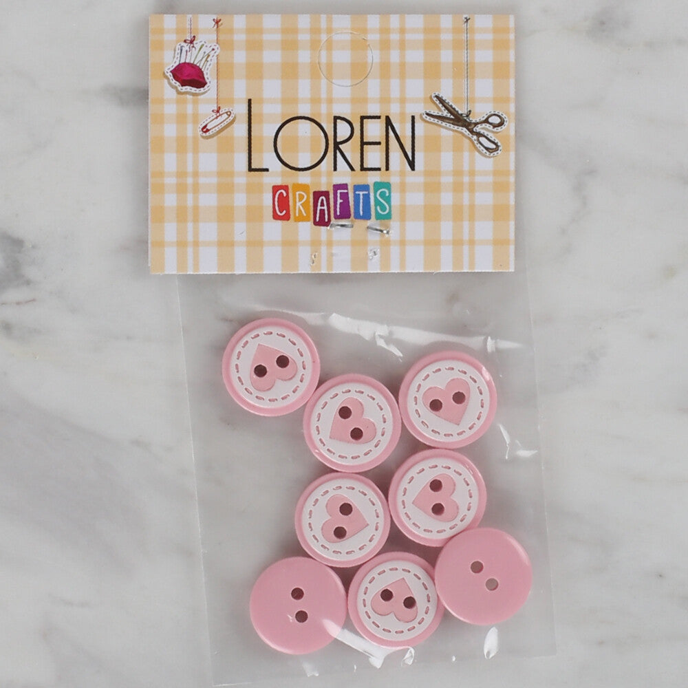 Loren Crafts 8 Pack Heart Patterned Button, Pink - 472