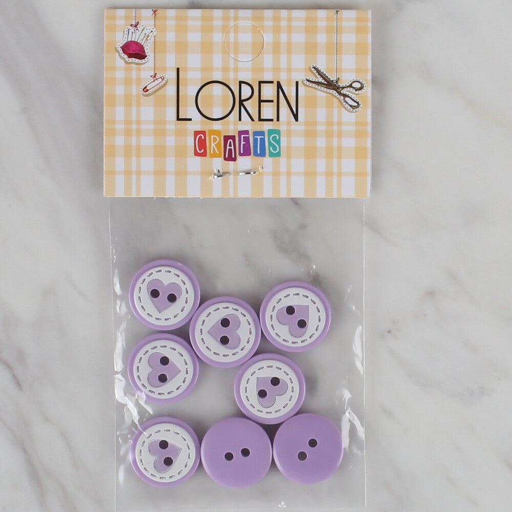 Loren Crafts 8 Pack Heart Patterned Button, Lilac - 474