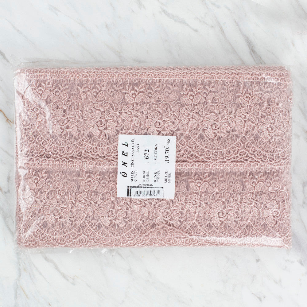 Önel Lace Ribbon, 9 cm, Powder Pink, Flower Patterned - 672