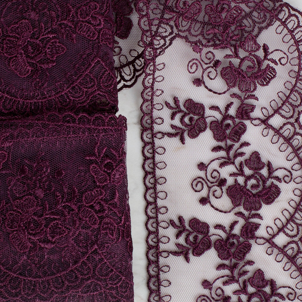 Önel Lace Ribbon, 9 cm, Aubergine, Flower Patterned - 672