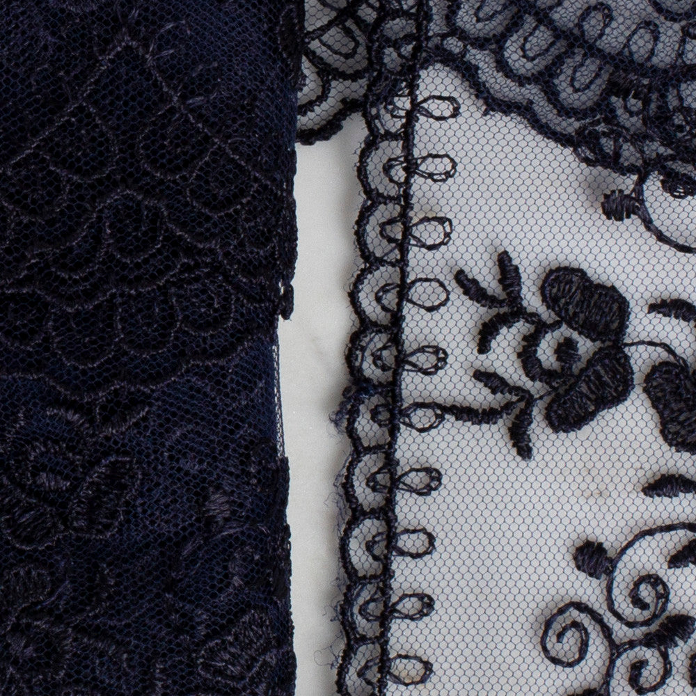 Önel Lace Ribbon, 9 cm, Navy Blue, Flower Patterned - 672