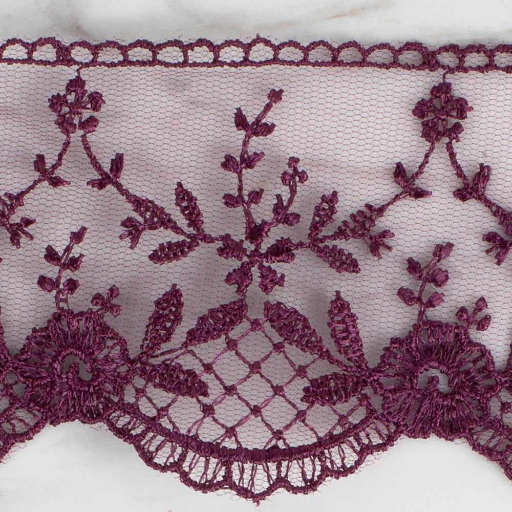 Önel Lace Ribbon, 6 cm, Aubergine, Flower Patterned - 61