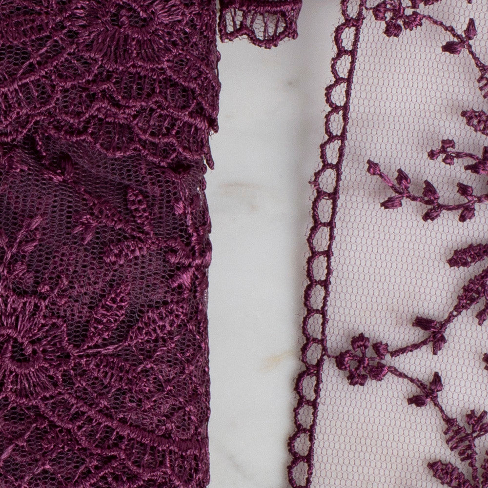 Önel Lace Ribbon, 6 cm, Aubergine, Flower Patterned - 61