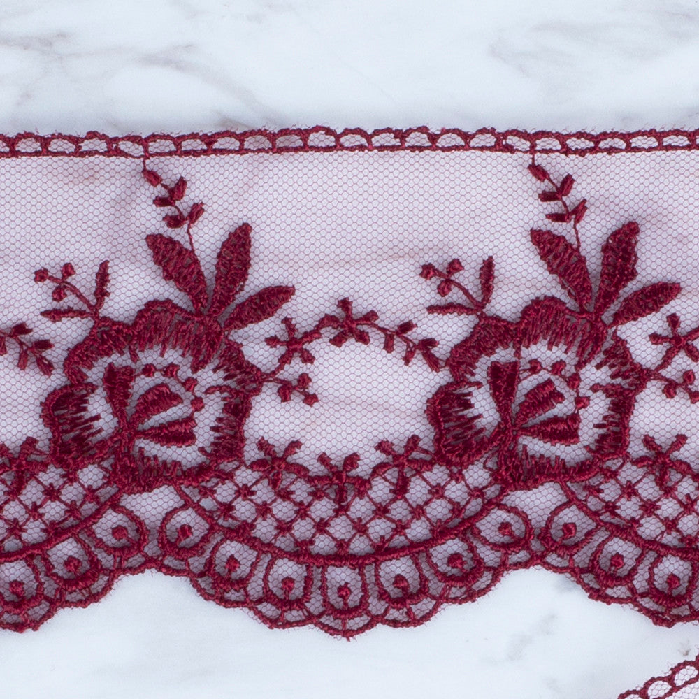 Önel Lace Ribbon, 7 cm, Claret, Flower Patterned - 67