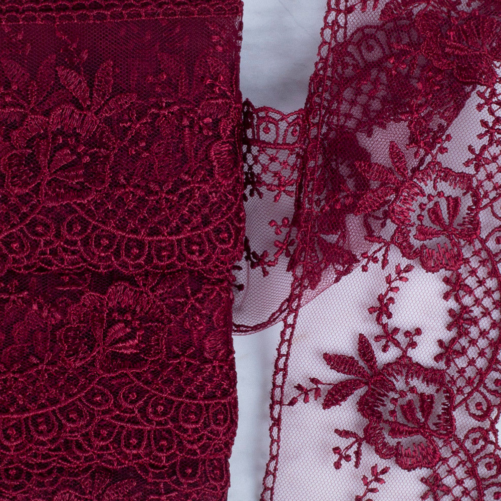 Önel Lace Ribbon, 7 cm, Claret, Flower Patterned - 67