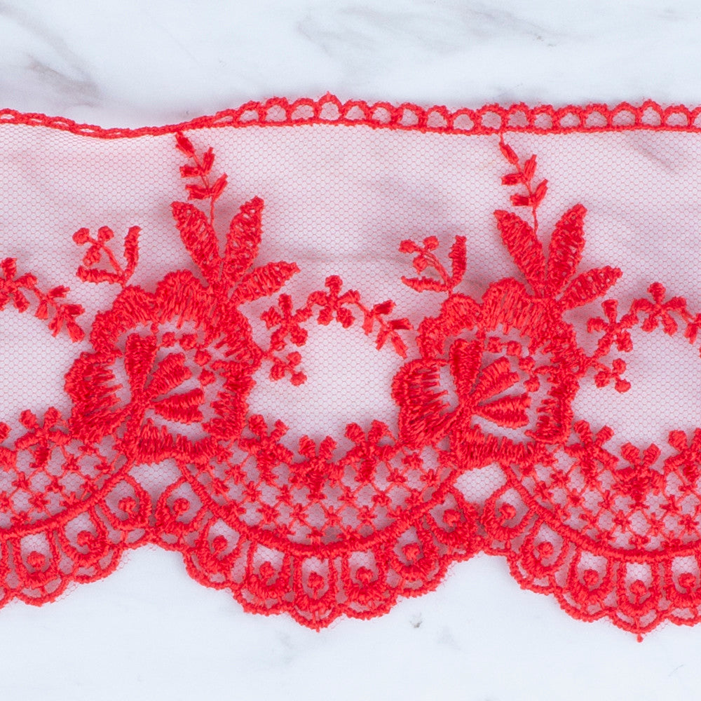 Önel Lace Ribbon, 7 cm, Red, Flower Patterned - 67