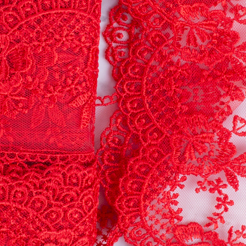 Önel Lace Ribbon, 7 cm, Red, Flower Patterned - 67