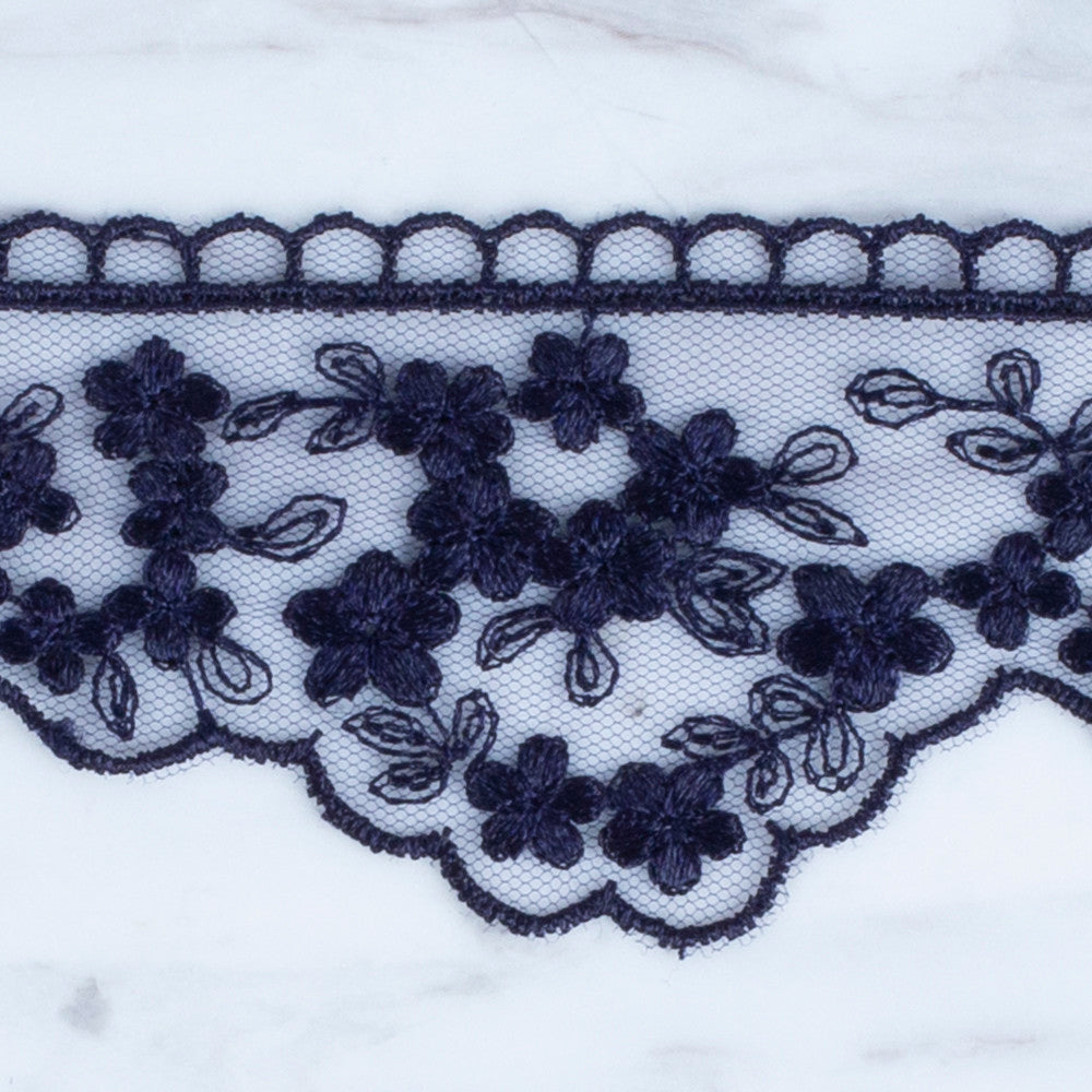 Önel Lace Ribbon, 5 cm, Navy Blue, Flower Patterned - 3406