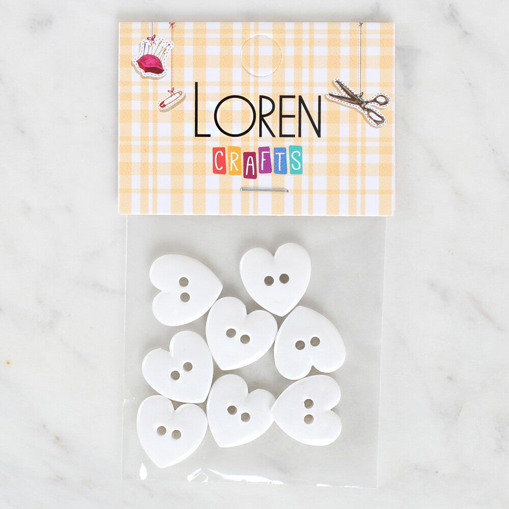 Loren Crafts 8 Pack Heart Shaped Button, White - 1072